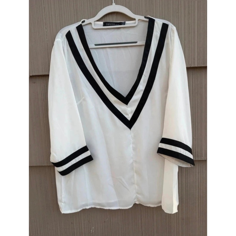 Zanzea Collection White Black V Neck Stripe Trim 3/4 Sleeve Blouse Top US 14